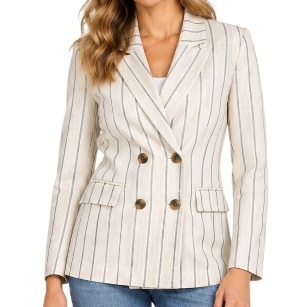Old Navy Cream Navy Linen Blend Pinstripe Double Breasted Blazer Women's Medium